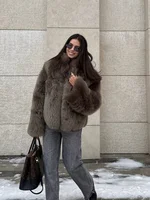 Woman Brown Plush Fur Thick Coat Stand Up Collar Loose Short Jacket 2025 Lady Autumn Winter Casual Fashion Commuter Outwear 3