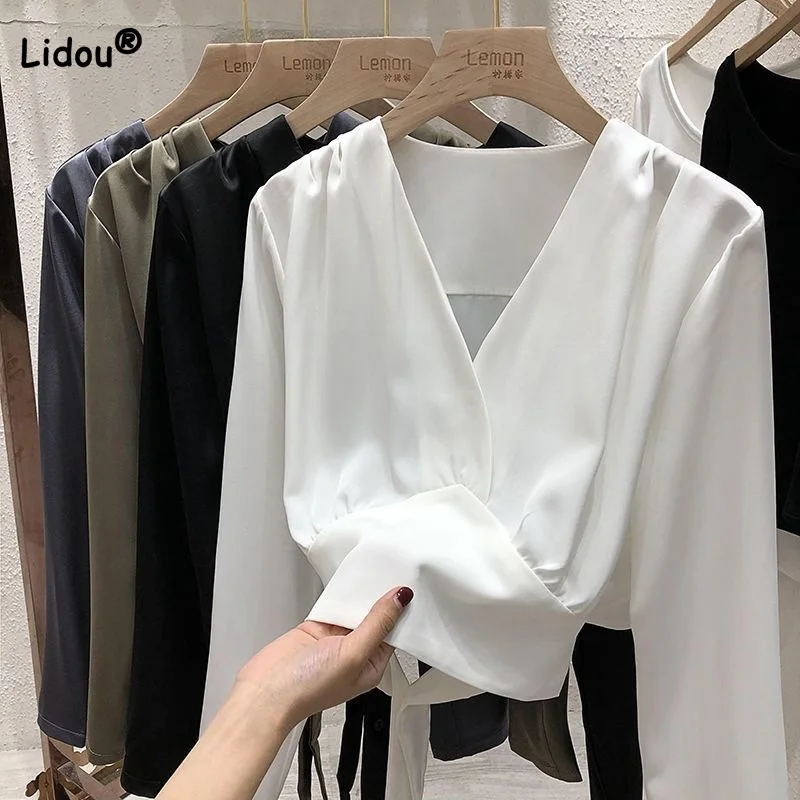 

Stylish Women's Clothing V-Neck Solid Color Spring Waist Fit Short T-shirt French Back Bow Design Long Sleeve Pullover Tops