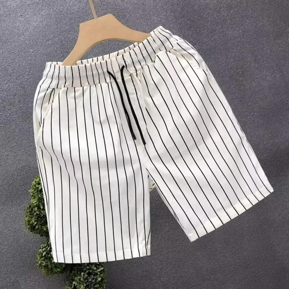 Description Picture 2 of itemMen Summer Shorts Elastic Waistband Adjustable Drawstring Striped Print Street Style Shorts Pockets Wide Leg Casual Shorts