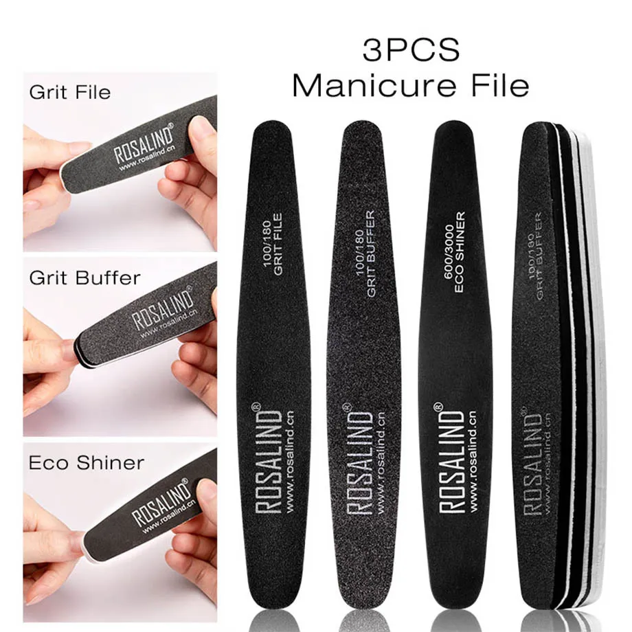 

ROSALIND 3PCS Nail File Grit Buffer Eco Shiner Grinding Sanding Buffing Pedicure Nail Art Tools For Nail Gel Polished Manicure