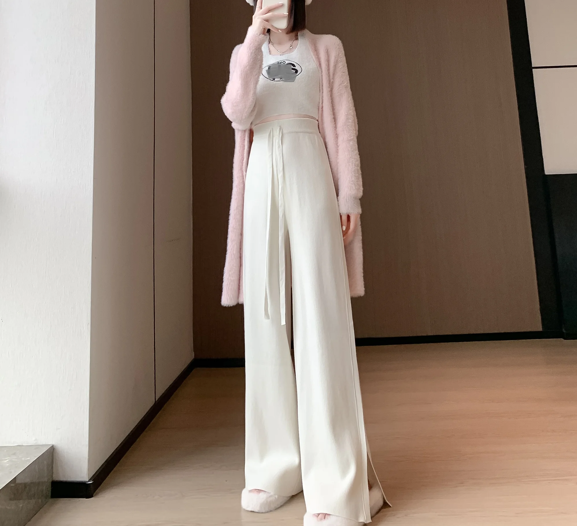 Women's Wide Legged Pants 2023 Autumn/Winter New High Waist Loose Floor Dragging Straight Tube Drop Knitted Long Pants