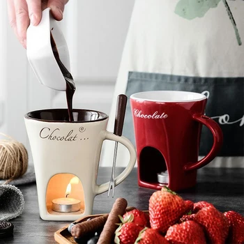 130ML Sweet Chocolate Fondue Cup,Creative Ceramic Mug for Home Party,Chocolate Cheese Melting Supplies with Fork for Kitchen