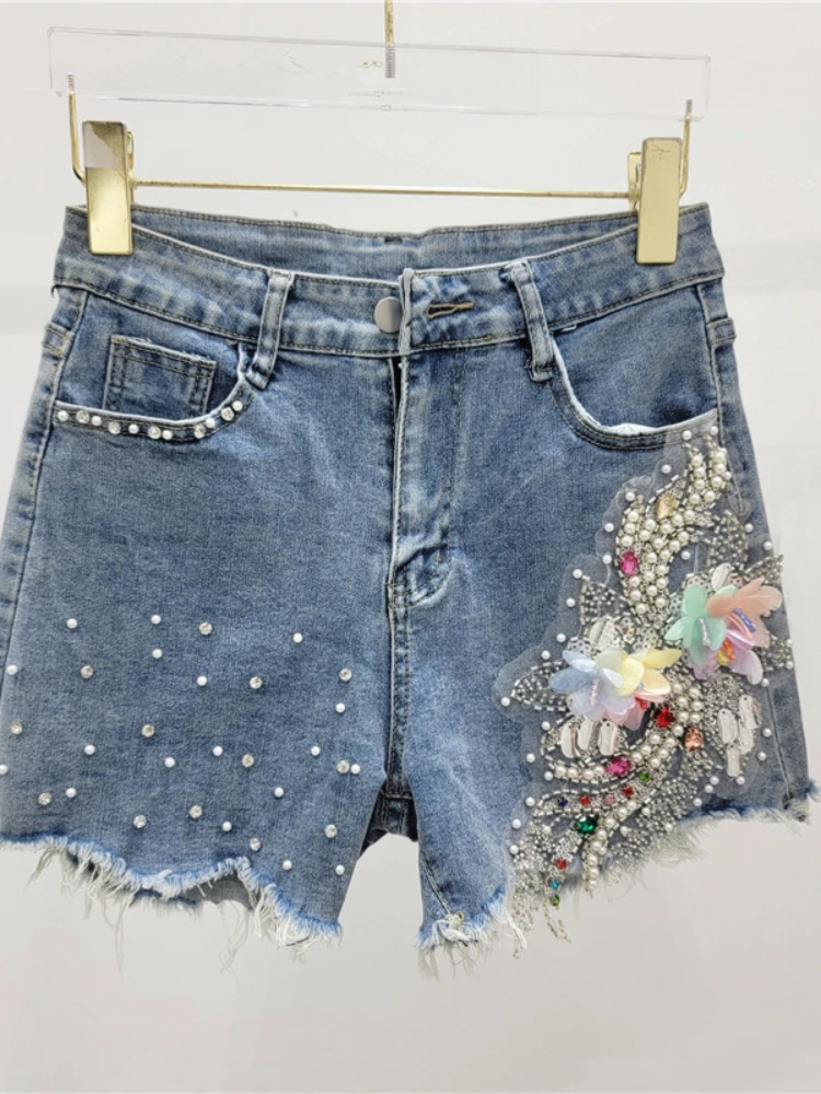 Summer Heavy Industry Beads Three-Dimensional Flower Hot Pants High Waist Loose Elastic Wide-Leg Denim Shorts Women Clothing