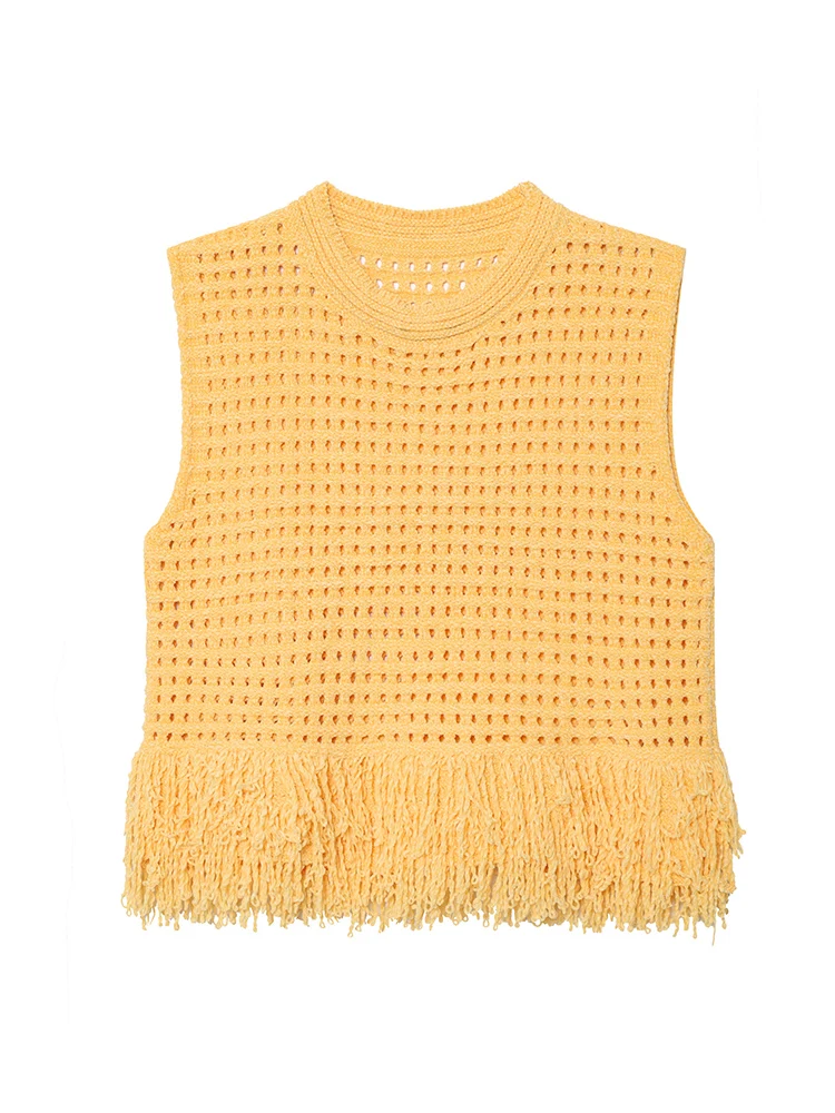 TFMLN Elegant Women Hollow Out Tank Top Chic Tassel Knitted Sleeveless Vest Top Spring Summer Holiday High Street Tank Tops