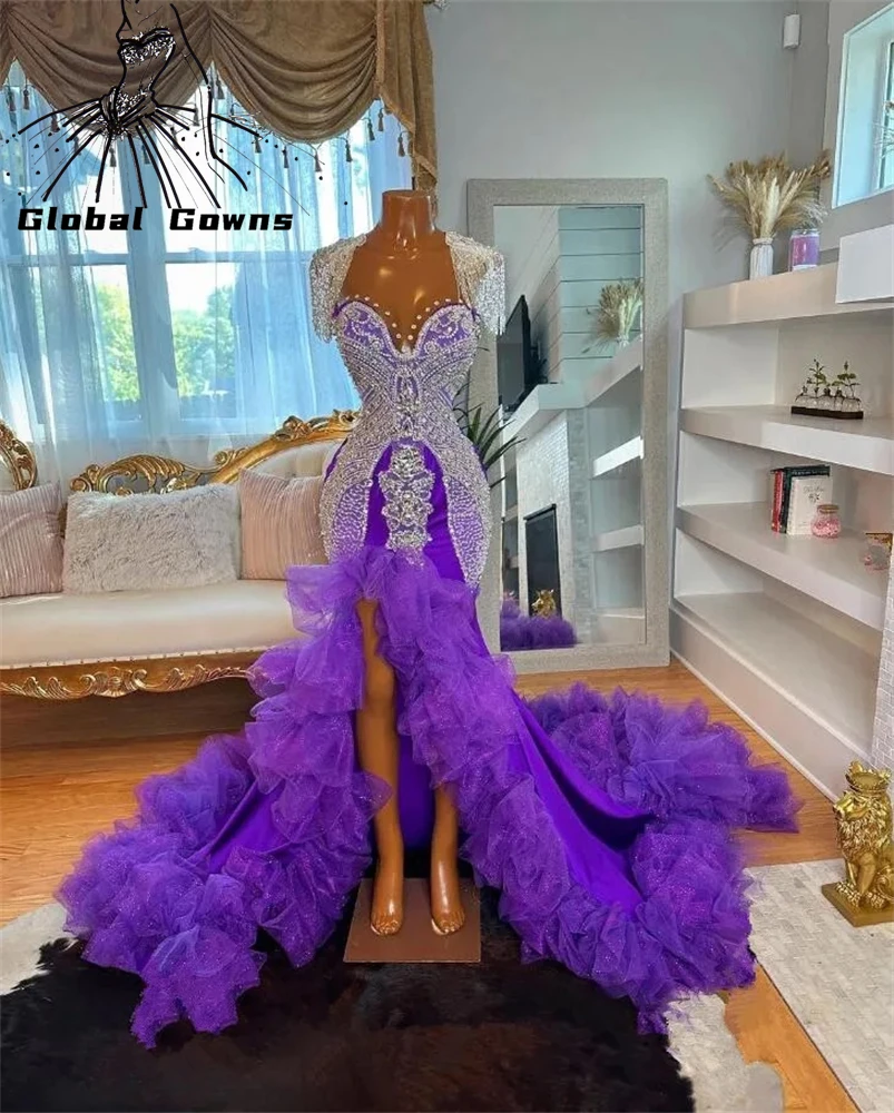 Purple Long Prom Dress For Black Girls 2023 Beaded Rhinestone Birthday Party Dresses Crystal Ruffles High Slit Evening Gown