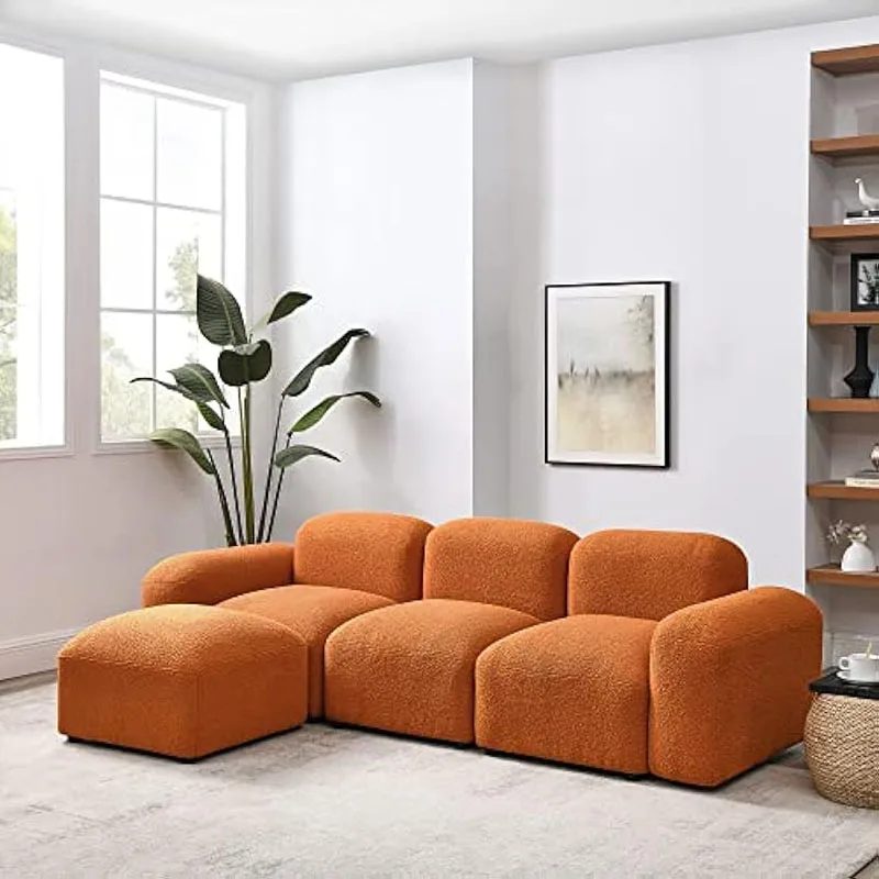 

L-Shape Teddy Fabric Modular Sectional Sofa,Upholstered Living Room Couch With Strong, Simple Assembly, For Office,Orange, 94.5