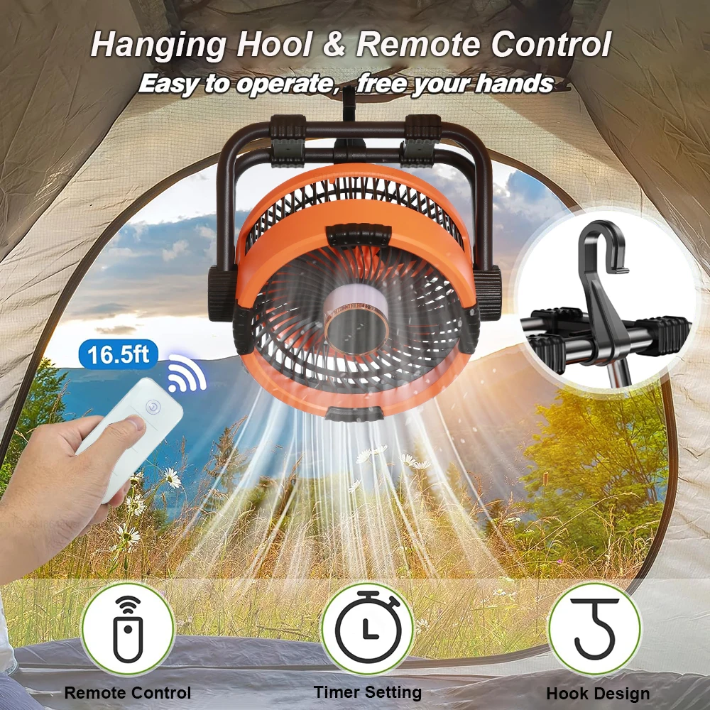 20000mAh Camping Fan Rechargeable Battery Portable Outdoor Fan Wireless Tent Ceiling Fan Air Circulators with Hook and LED Light 2