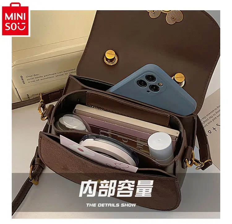 MINISO Disney Retro Fashion Mickey Lock Buckle Handbag for Women High Quality PU Classic Versatile Shoulder Small Round Bag