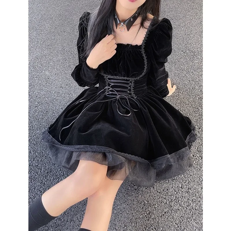 

Japanese Gothic Black Kawaii Lolita Dress Women Lace Korean Y2k Party Mini Dress Velvet Elegant France Vintage Dress Winter 2023