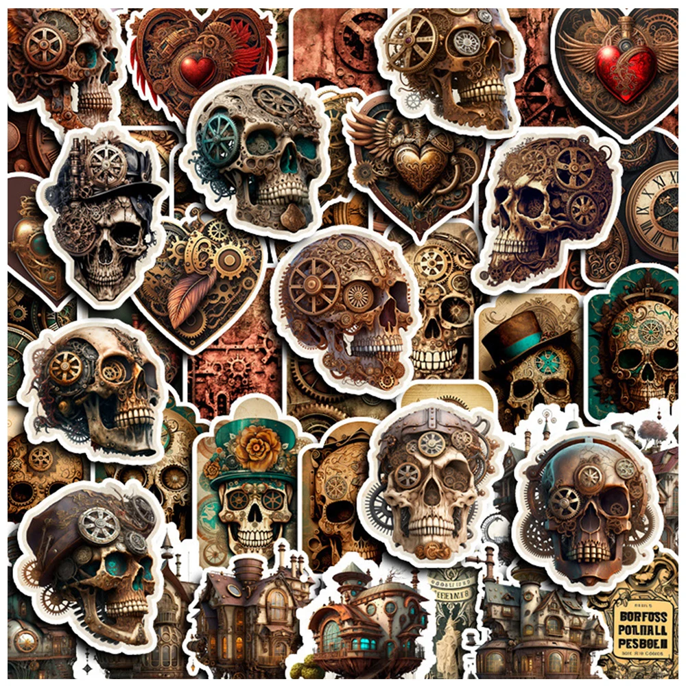 10/30/50pcs Cool Vintage Horror Steampunk Metal Skull Stickers Skateboard Laptop Motorcycle Cool Decoration Sticker Kids Toys 10 30 56pcs vintage horror anatomy physiology the body structure stickers skateboard laptop luggage phone car bike cool sticker