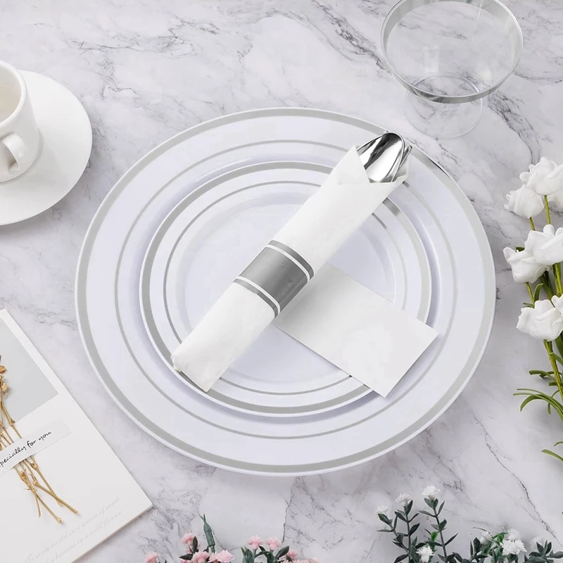 Pre Rolled Silver Plastic Silverware Set,Pre Rolled Napkins With Silver Cutlery Set For Party,Birthday