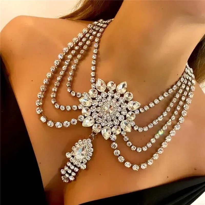 

Fashion Rhinestone Layered Bohemian Good Quality Flower Fringe Chunky Collar Women Choker Statement Pendant Necklace Jewelry