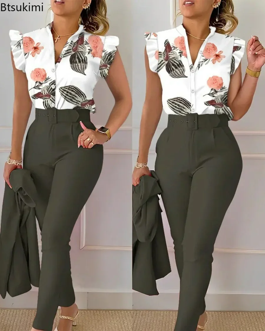2024 Women's Summer Floral Print Shirt and High Waist Pants with Belt Women 2pcs Office Suit Sets Slim 2 Pieces Suit Pants Sets