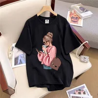 Nouvelles femmes t-shirt mode d'été imprimé coréen à manches courtes femme décontracté col rond vêtements hauts Harajuku manches décontracté 1