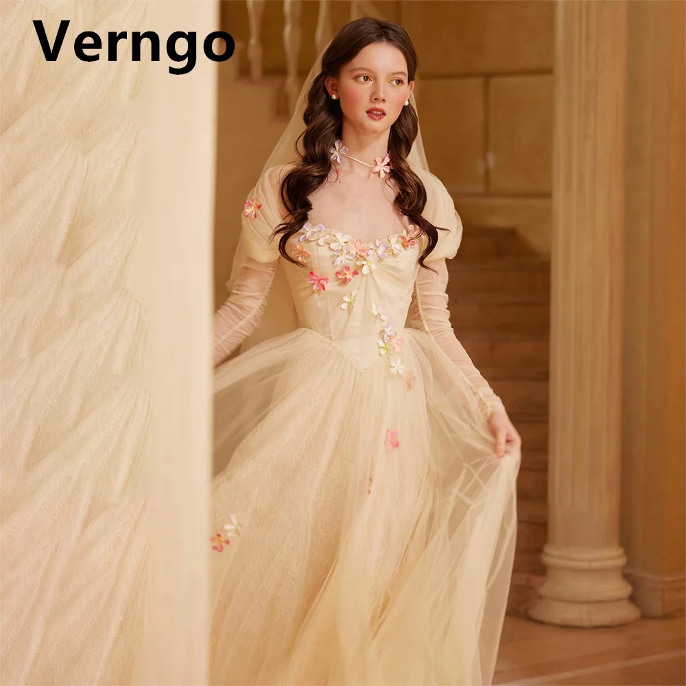 

Verngo Blush Yellow TulleWedding Party Dress Women Appliques A Line Prom Gowns Sweetheart Full Sleeves Bridal Gowns