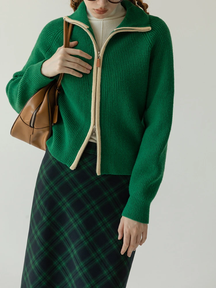 

Green Double Zipper Knitted Cardigan Retro Fashion Lapel Cardigans 2023 for Women Loose Thick Autumn/Winter Blue Sweater Coat