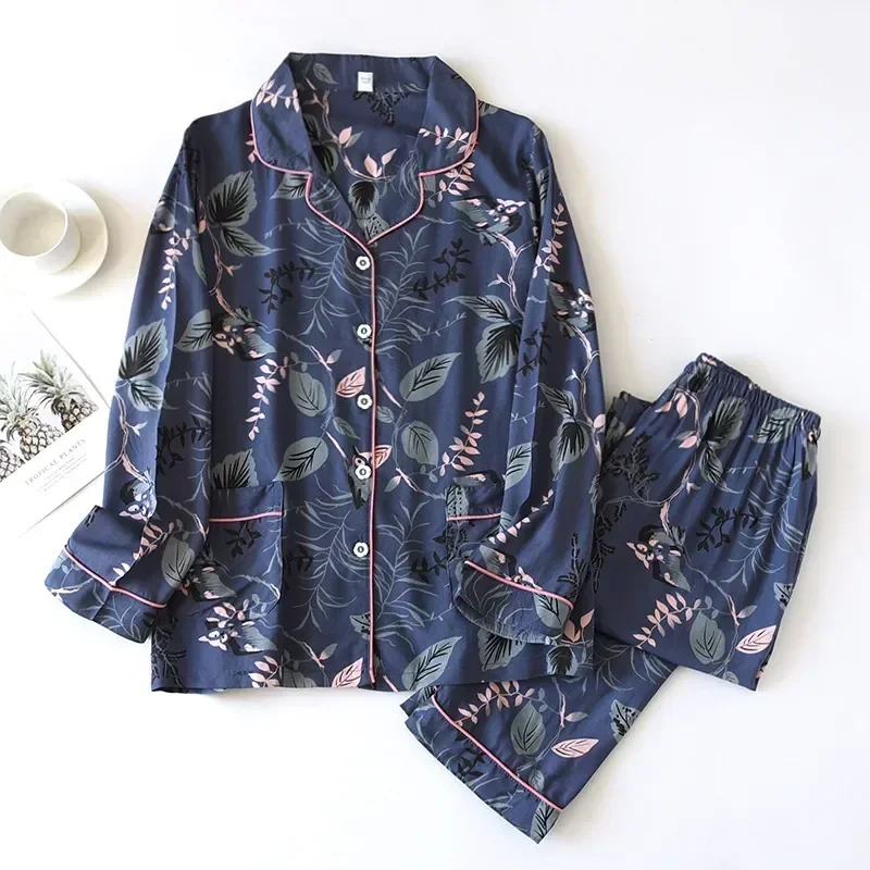 

Two-piece for Sleepwear Autumn Spring Women And Cotton Trouser Set Pajama Home Viscose Clothes Long-sleeved Suits