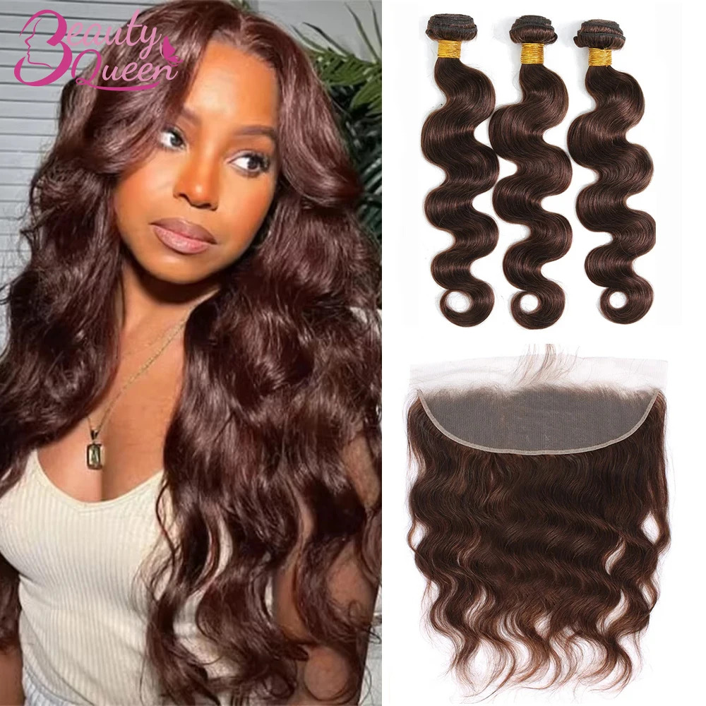 Dark Brown Body Wave Bundles With Closure 13x4 Frontal Color #4 Colored Bundles Human Hair Extension With Lace Frontal For Women