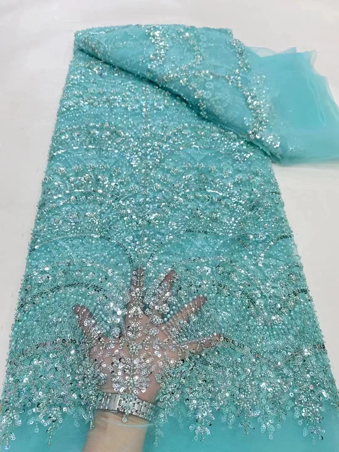 

Luxury Lace Fabric Beaded Embroidery Evening Dresses For Women Pearl Tulle Sewing Sequins African Mesh Fabrics Meters 5Yard