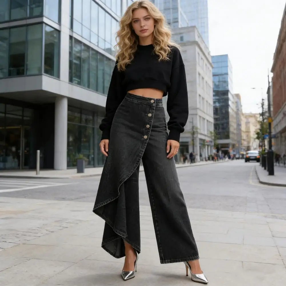 Y2KPants Spring Summer Fashion Long Solid Color Casual Buckle Loose Wide Leg Pants Women Trousers Faux Denim