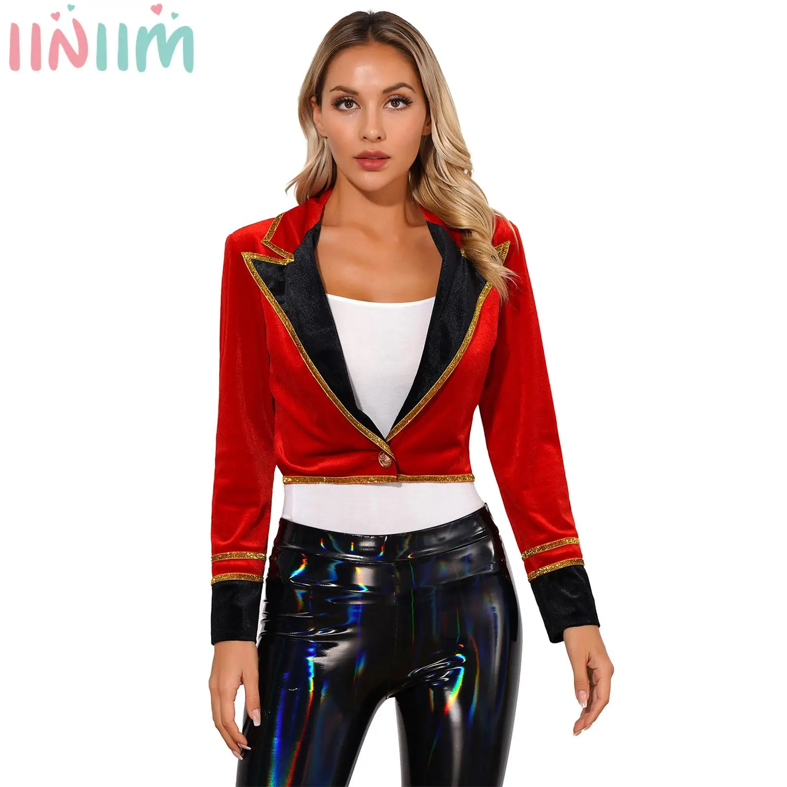 

Womens Circus Ringmaster Costume Showman Ringleader Lion Tamer Tailcoat Jacket Blazer for Halloween Cosplay Party Dress Up