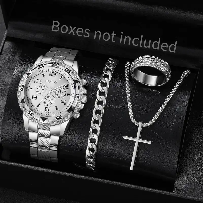 4PCS/Set Fashion Men Business Watches Luxury Big Dial Quartz Watch for Men Clock Jewelry Set Reloj Hombre（Without Box） - Image 4