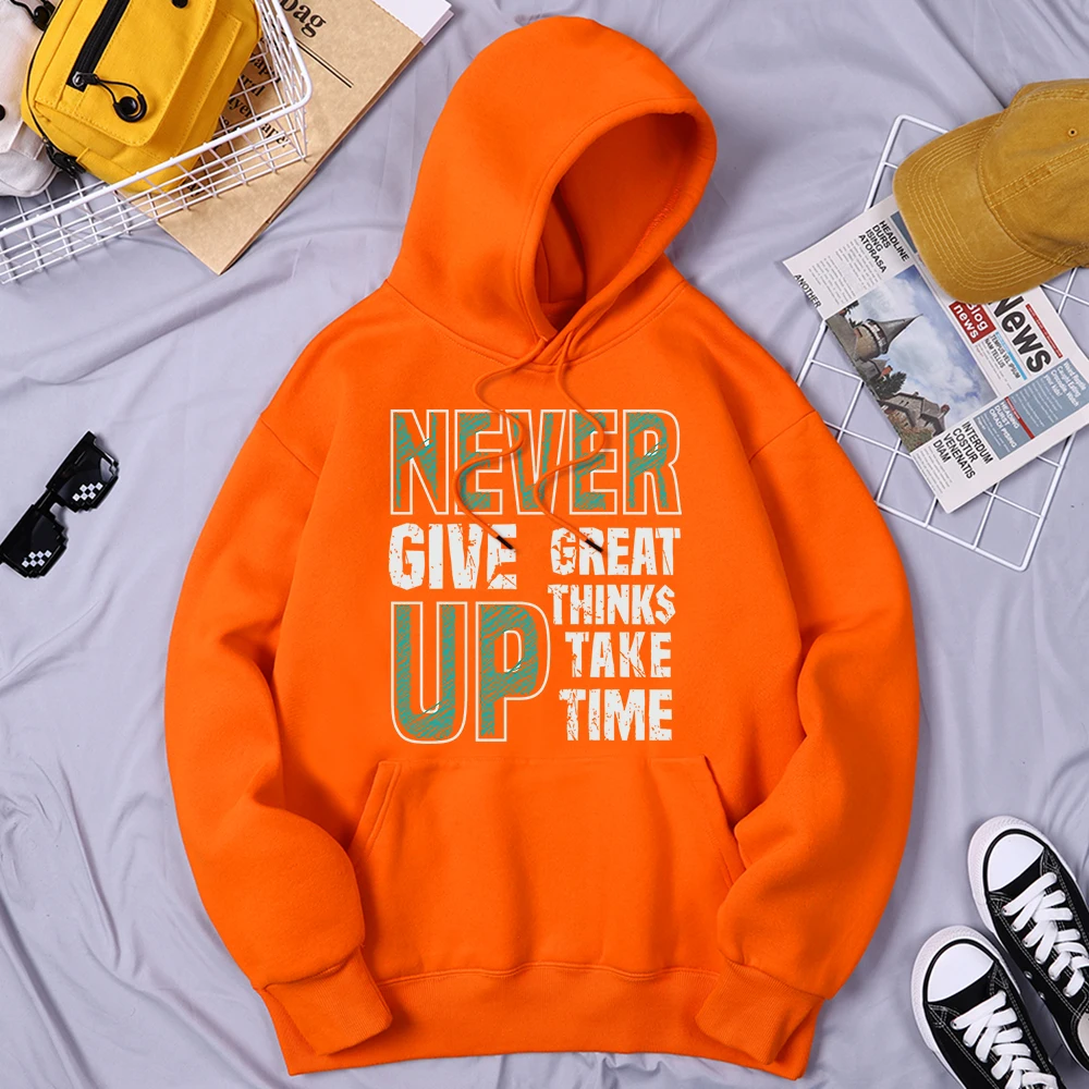 

Never Give Up Great Thinks Take Time Hoodie Male Pocket Loose Hoodies Outdoor Harajuku Streetwear Vintage Warm Sweatshirts Male