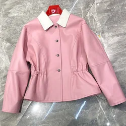 Women Genuine Leather Lapel Jacket 2023 Spring Female Waist Retraction Single-Breasted Slim Short Coat Mujer Outwear Blazer Pink