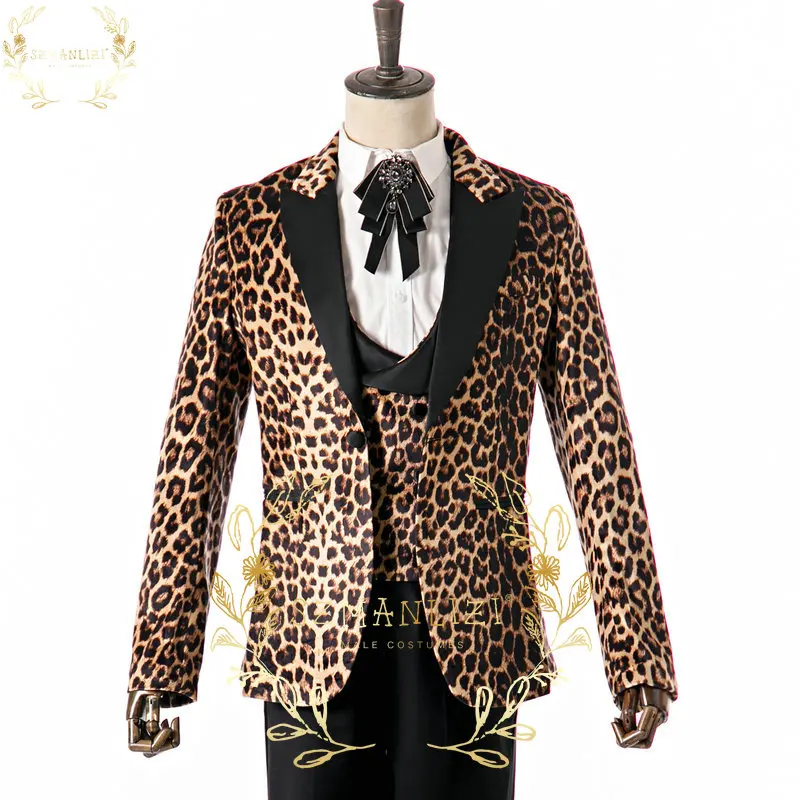

Костюм мужской облегающий с леопардовым принтом, пиджак с заостренным лацканом для свадьбы, жилет, брюки, костюм из 3 предметов