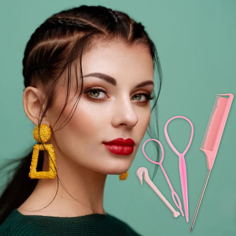 

4pcs/set French Braid Tool Loop Elastic Hair Bands Remover Cutter Rat Tail Comb Metal Pin Tail Braiding Combs for Hair Styling