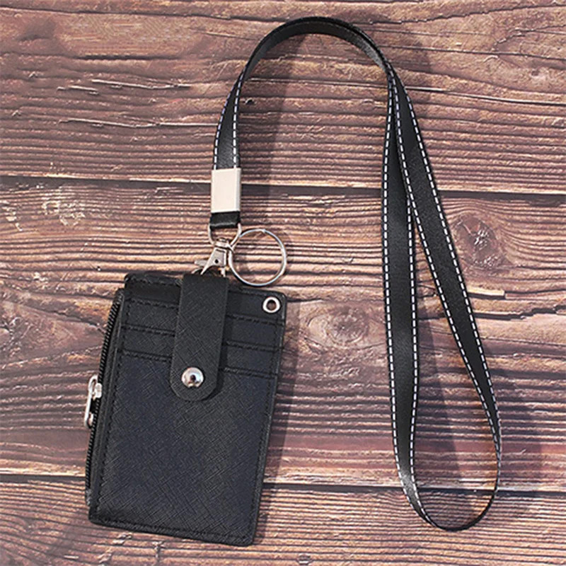 Fashion PU Leather Business ID Card Holder Credit Badge Holder Bus Cards Cover Coin Purse Wallet With Keychain 3