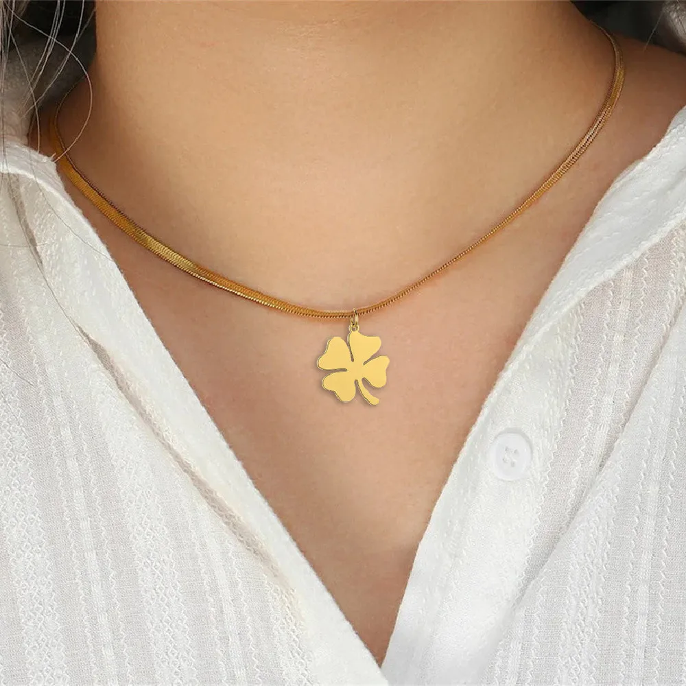 Dreamtimes Lucky Four Leaf Clover Necklace For Women Fashion Snake Chain Stainless Steel Pendant Necklaces Charm Choker Jewelry