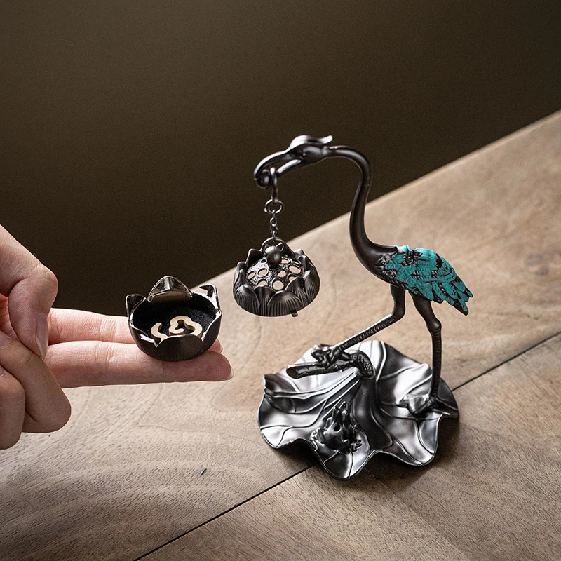 Creative Mini Aromatherapy Furnace, Home Indoor Zen Tea Ceremony Study Decorations, Metal Crane Shape Small Hanging Furnace, 1Pc
