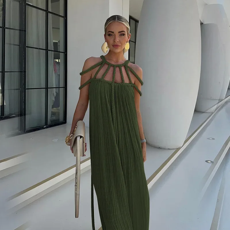 Beach Cover Up Women's Beachwear 2024 Solid Tie String Strapless Sexy Hanging Neck Loose Vacation Dress