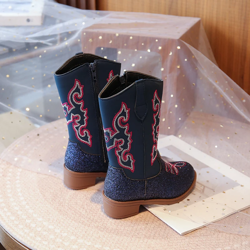 Girls Mid Calf Cowboy Boots with Sparkling Sequins for Winter