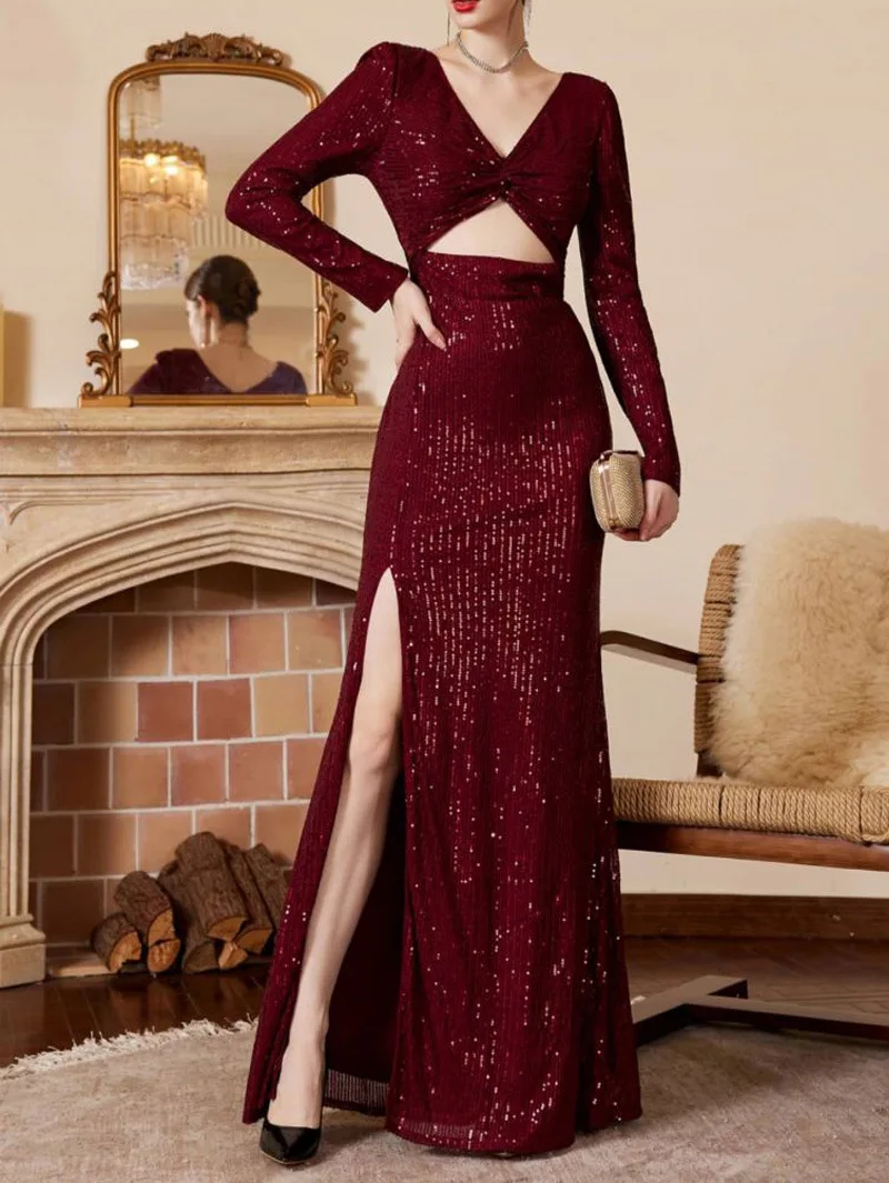 

Zoctuo Autumn New Sequin Long Prom Dress Glitter Long Sleeve Banquet Blue Evening Dresses Sexy V Neck Split Slim Formal Gowns