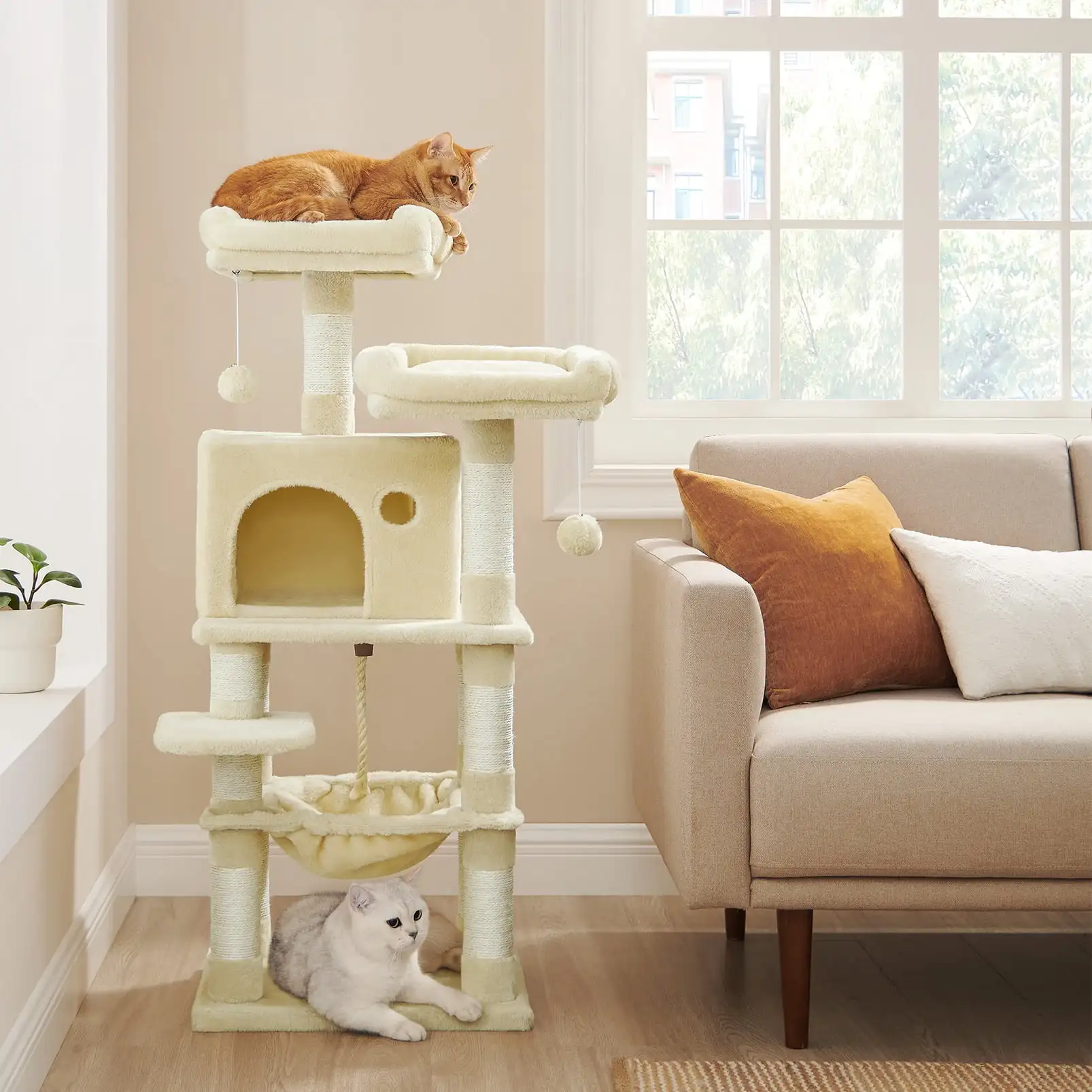 

44.1" Cat Tree Tower with 11 Scratching Posts Multi-Level Condo 2 Perches Cave Hammock Beige