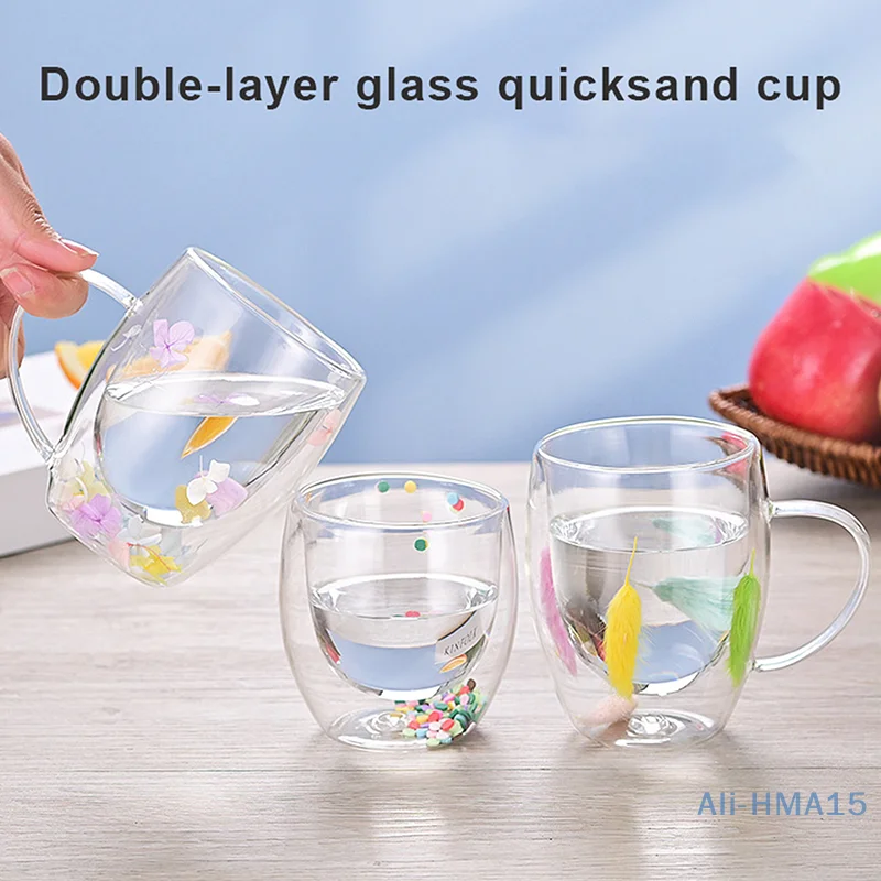 

Creative Double Wall Glass Cup Real Flower Conch Flash Filler Glass Cups Hand Gifts High Borosilicate Glass Cups With Handles