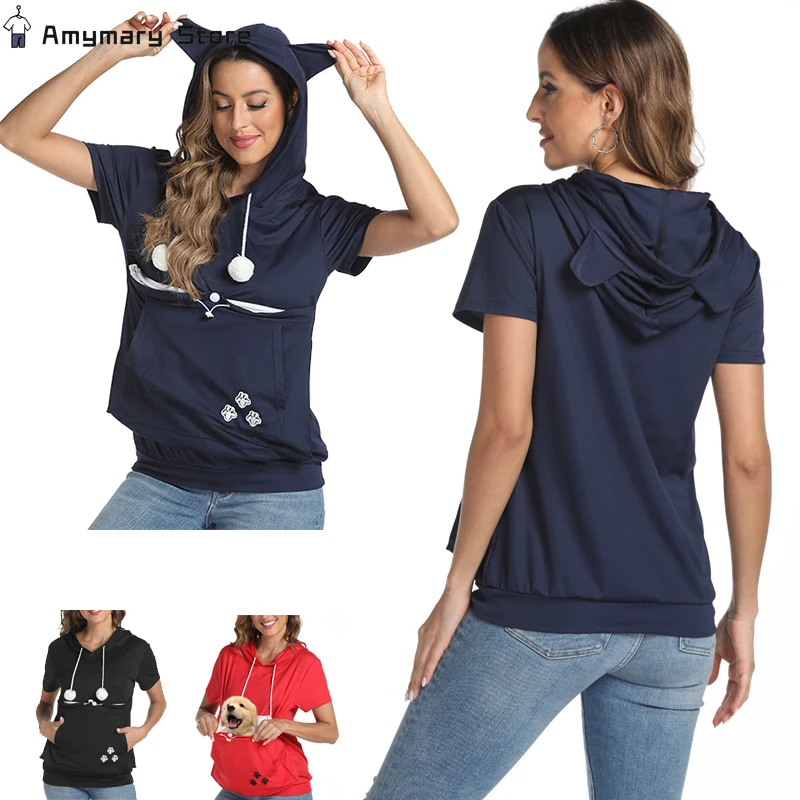 

New Women's Hooded Sweatshirt Pet Kangaroo Pocket Short Sleeve T-shirt Solid Color Cat Claw Embroidery Casual Loose Pullover