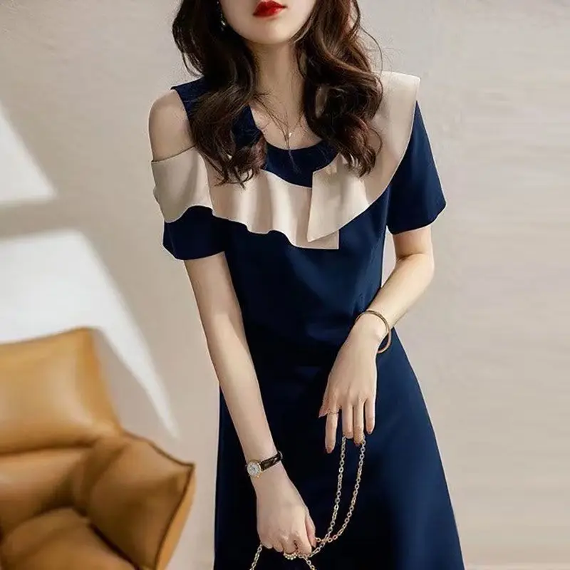 Fashion Off Shoulder Midi Dress Elegant Ruffles Spliced Summer Asymmetrical Women's Clothing A-Line Basic Solid Color Dresses