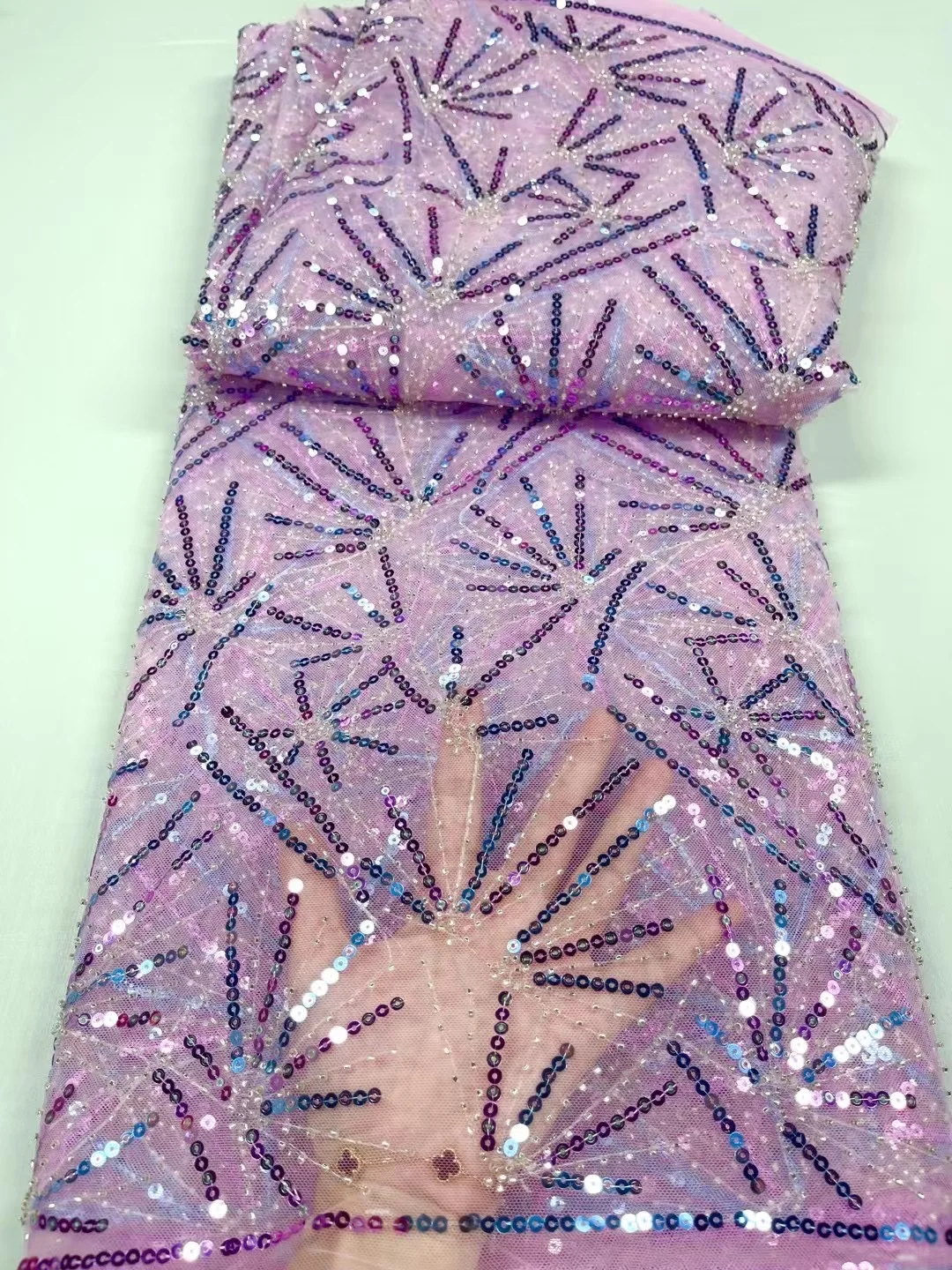

Luxury Purple African Sequins Mesh 5 Yards Fabric 2022 French High Quality Tulle Beaded Fabric Nigeria For Wedding Dinner Dress