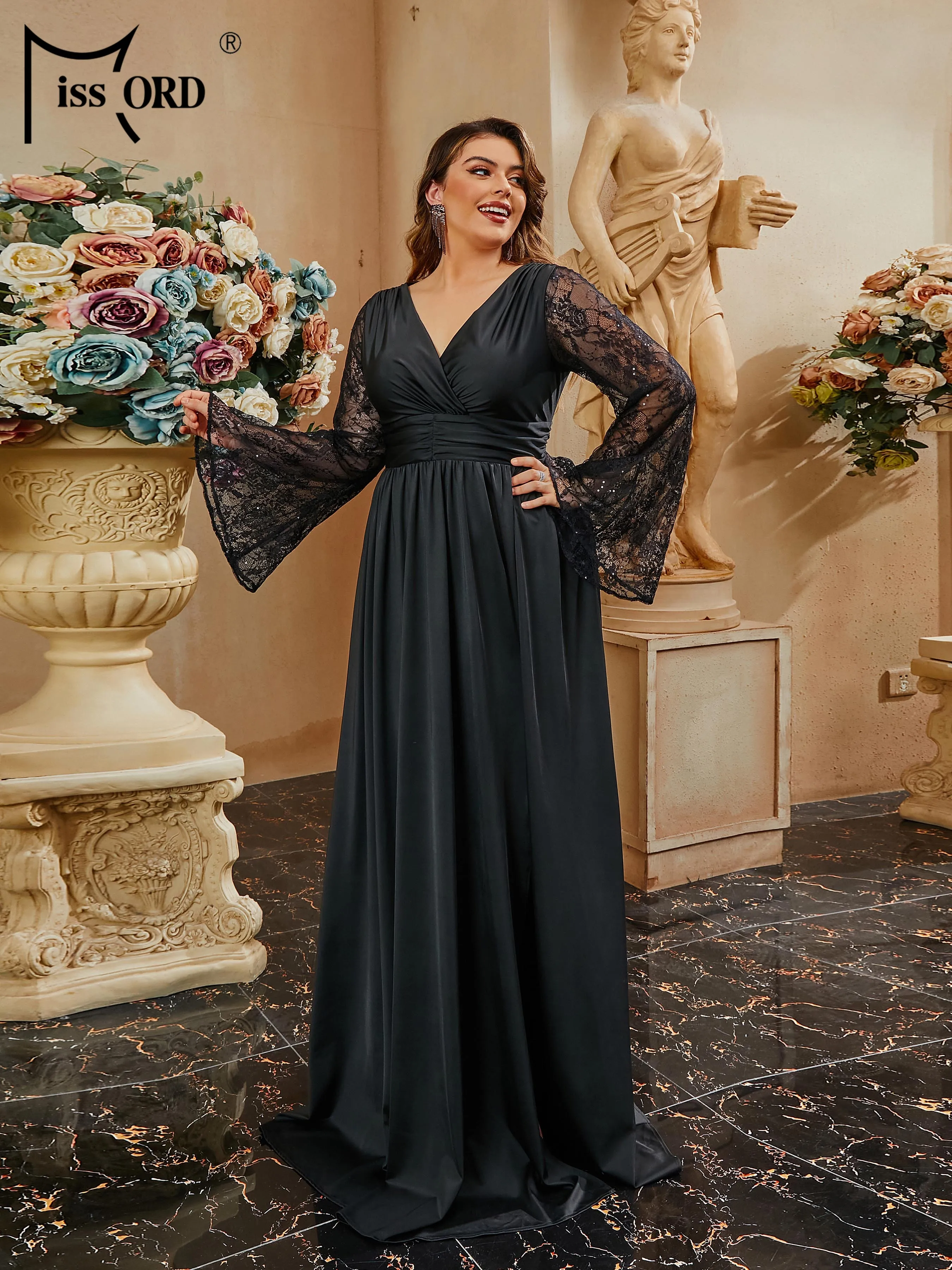 

Missord New Plus Size V Neck Flare Sleeve Black A Line Evening Formal Occasion High Quality Luxury Dress