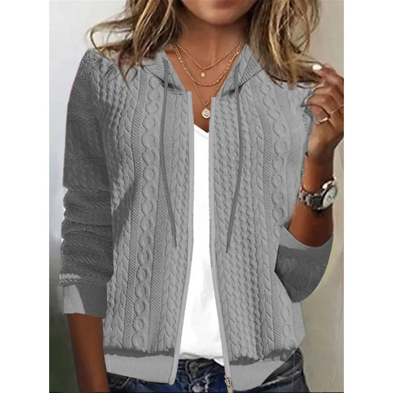 

2024 Autumn Winter New Solid Color Casual Sweatshirt Loose Zip Knitted Cardigan Long Sleeve Hooded Sweater Women