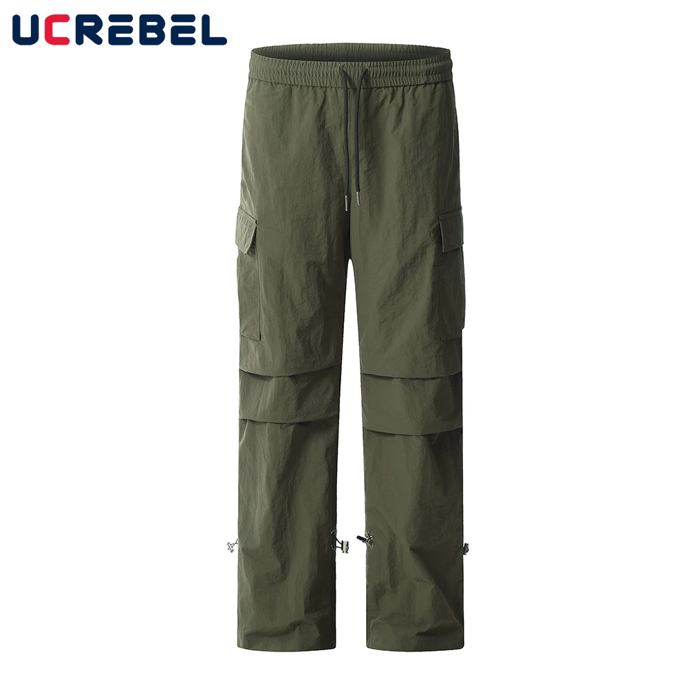 

Autumn Casual Solid Color Trousers Mens Simple Style Loose Pleated Pocket Elastic Waist Straight-leg Pants