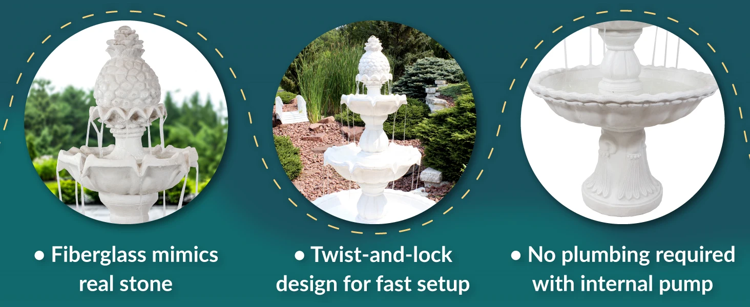 Fiberglass mimics real stone twist &amp; lock design for fast setup no plumbing required internal pump