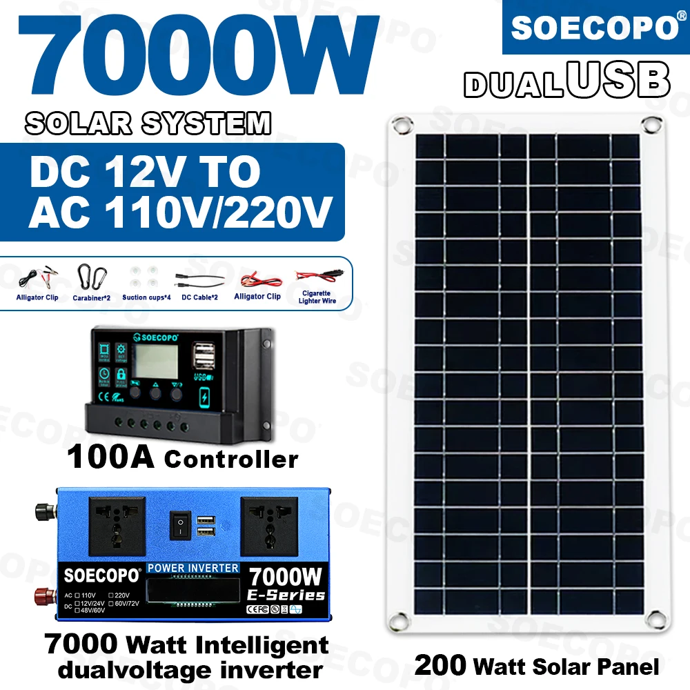 7000W Solar System Complete Kit Dual12V/24V To 110V/220V 100A Controller 200W Panel Off-Grid Inverter for Home/Camping Backup