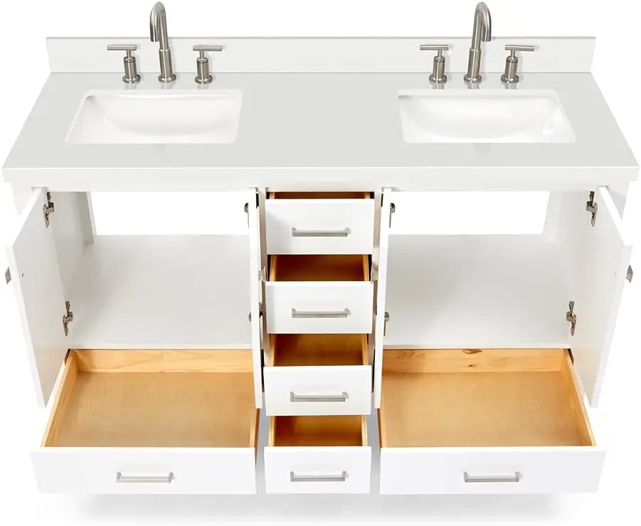 61" White Double Bathroom Vanity with Sink, 1.5" Edge Pure White Quartz Countertop & Backsplash, Brushed Nickel 5