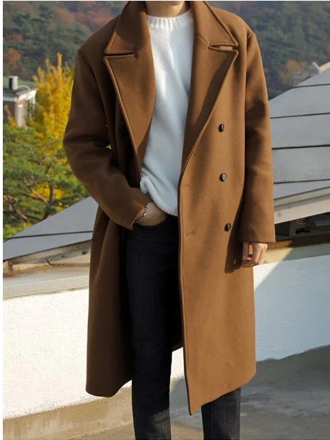 Winter men's British style woolen coat men's Korean version of the trend loose mid-length over the knee woolen coat size 3XL