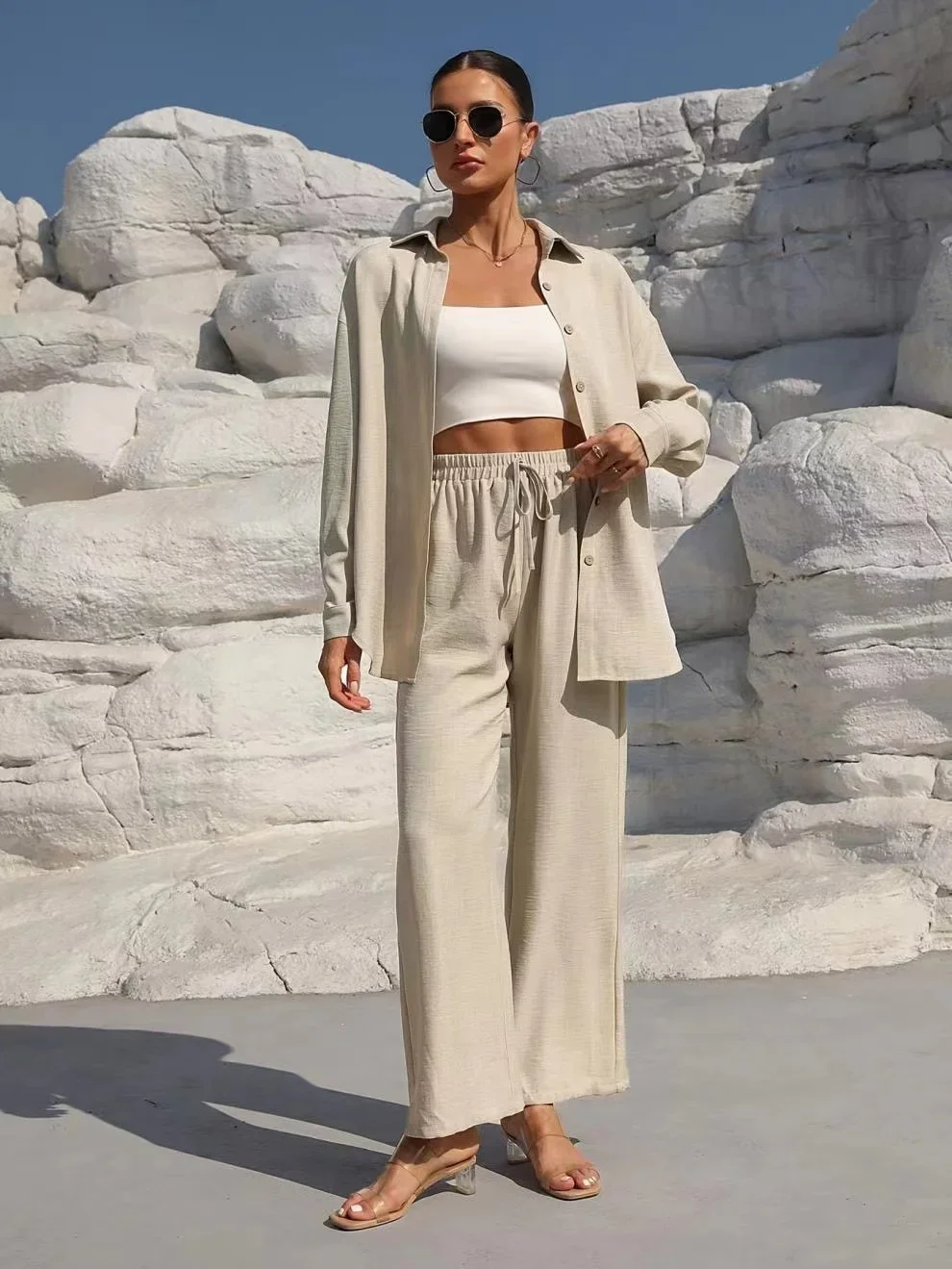 

2024 Autumn Fashion Women Long Sleeve Button Shirt Elastic Waist Wide Leg Pants Suit Women Casual Two Piece Set Spring Outfits