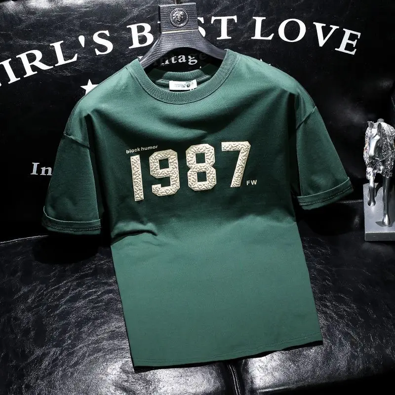 thumbnail image 1 of Camiseta de hombre con alfabeto verde, camisetas para hombre, camisetas estampadas con cuello redondo, ropa de calle musical, nueva en poliéster, fiesta, Y2k, venta al por mayor, básica, 1 of 4